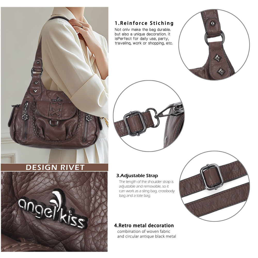 Angelkiss Women’s Vegan Leather Shoulder Handbag – Multi-Pocket Vintage Tote Bag with Adjustable Strap