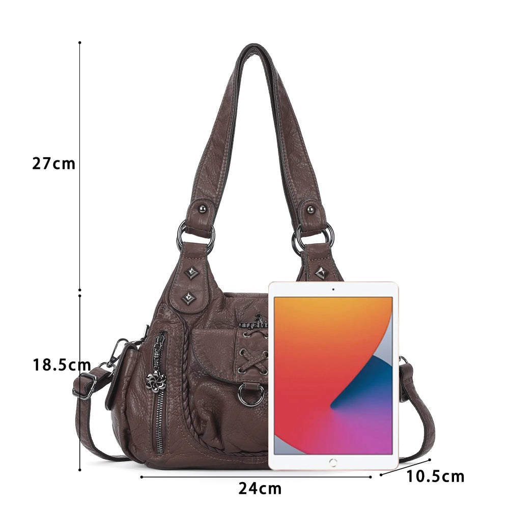 Angelkiss Women’s Vegan Leather Shoulder Handbag – Multi-Pocket Vintage Tote Bag with Adjustable Strap
