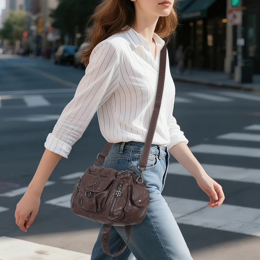 Angelkiss Women’s Vegan Leather Shoulder Handbag – Multi-Pocket Vintage Tote Bag with Adjustable Strap