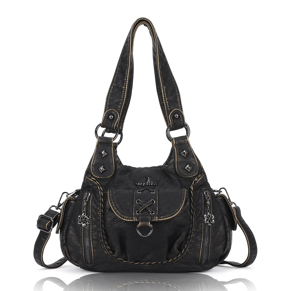 Vegan Leather Shoulder Handbag – Vintage Multi-Pocket Tote Bag Vegan Leather Shoulder Handbag – Vintage Multi-Pocket Tote Bag