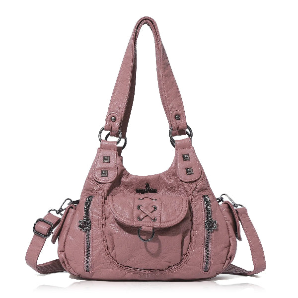 Angelkiss Women’s Vegan Leather Shoulder Handbag – Multi-Pocket Vintage Tote Bag with Adjustable Strap