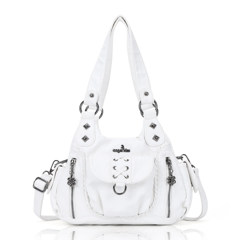 Angelkiss Women’s Vegan Leather Shoulder Handbag – Multi-Pocket Vintage Tote Bag with Adjustable Strap