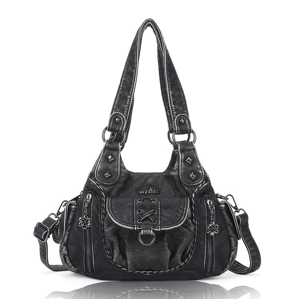 Angelkiss Women’s Vegan Leather Shoulder Handbag – Multi-Pocket Vintage Tote Bag with Adjustable Strap
