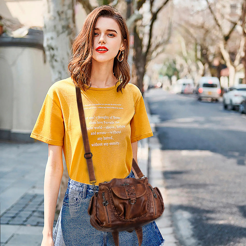 Angelkiss Women’s Vegan Leather Shoulder Handbag – Multi-Pocket Vintage Tote Bag with Adjustable Strap