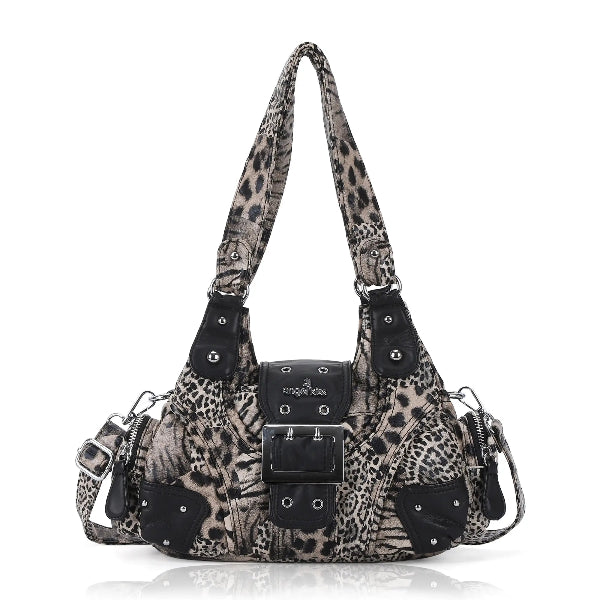Retro Trend Patchwork Leopard Print Vegan Leather Shoulder Tote Bag