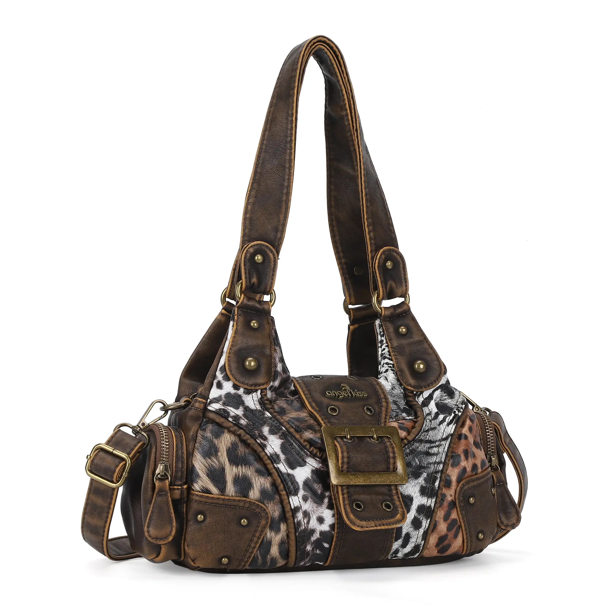 Retro Trend Patchwork Leopard Print Vegan Leather Shoulder Tote Bag
