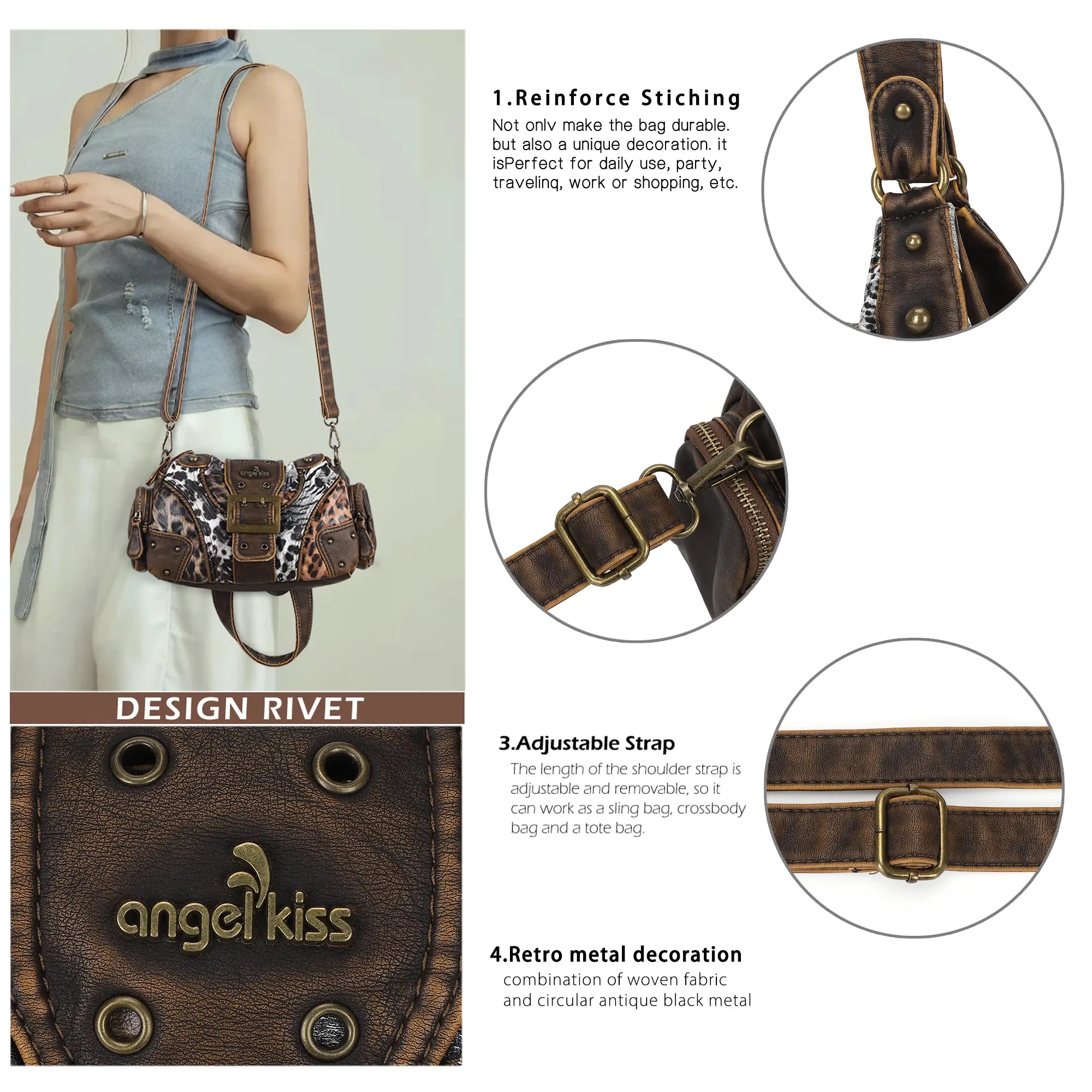 Retro Trend Patchwork Leopard Print Vegan Leather Shoulder Tote Bag