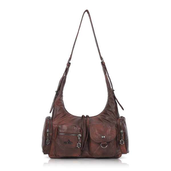 Vintage Multi-Pocket Slouchy Shoulder Bag with Utility Detail