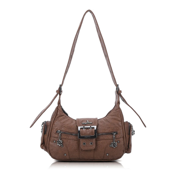 Washed Y2K Buckle Shoulder Bag with Floral Zipper Detail
