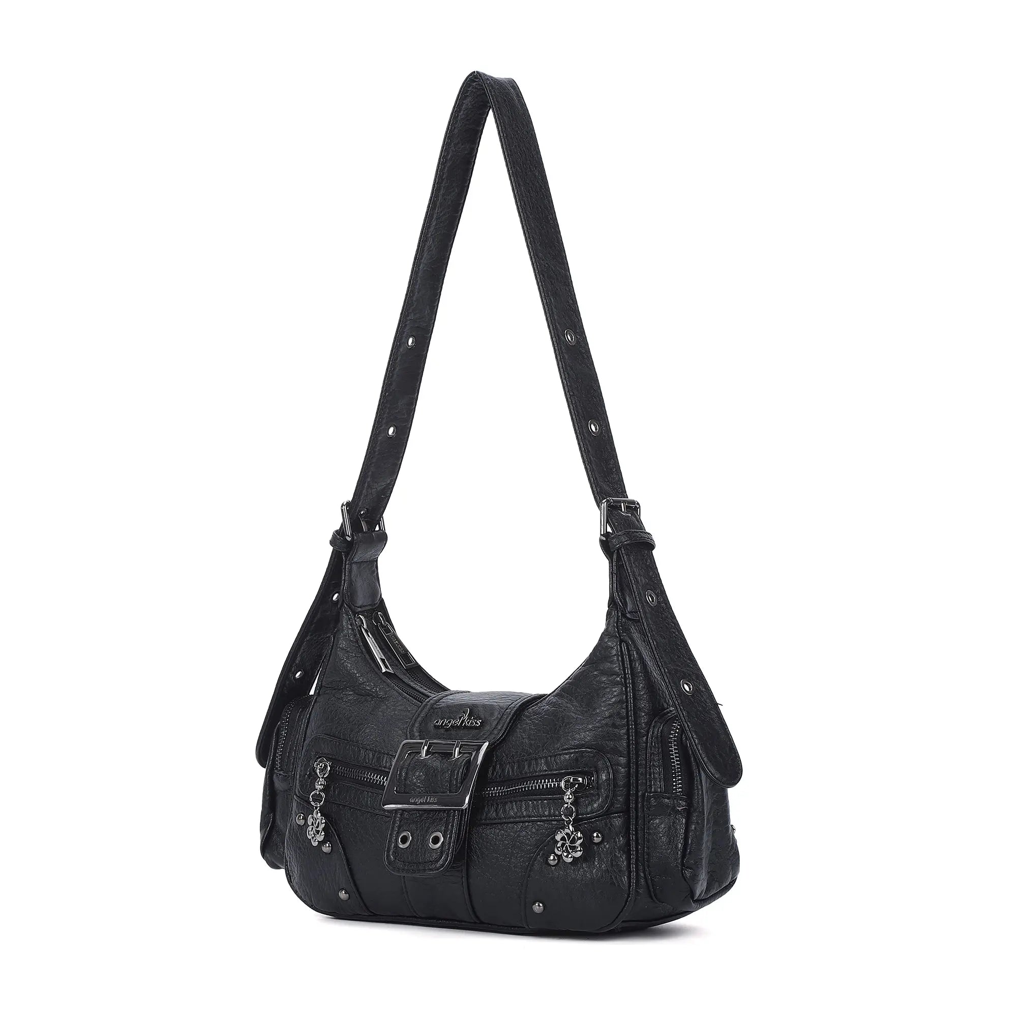 Washed Y2K Buckle Shoulder Bag with Floral Zipper Detail