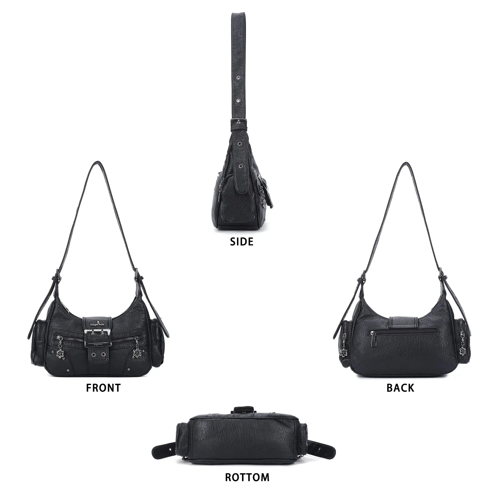 Washed Y2K Buckle Shoulder Bag with Floral Zipper Detail