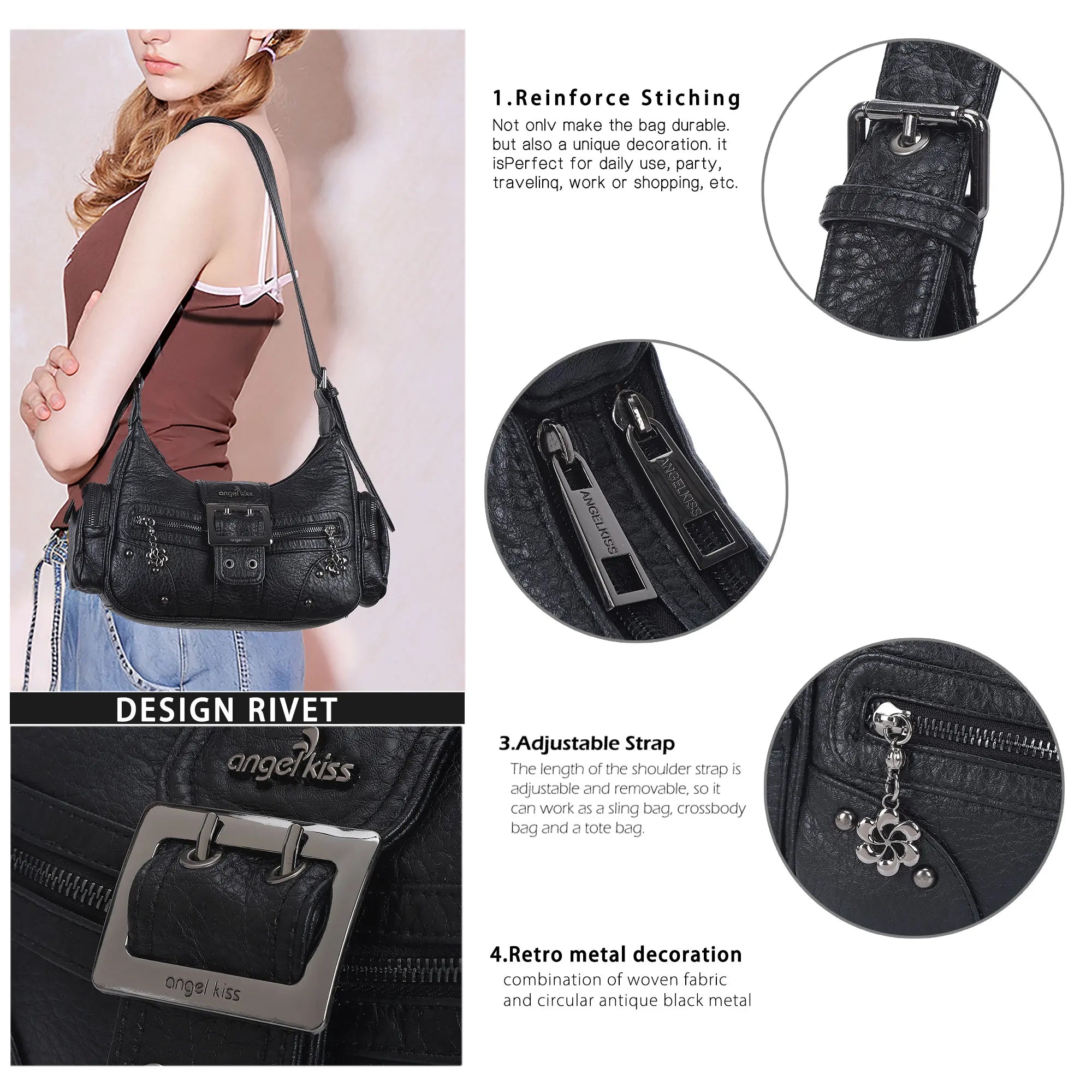 Washed Y2K Buckle Shoulder Bag with Floral Zipper Detail