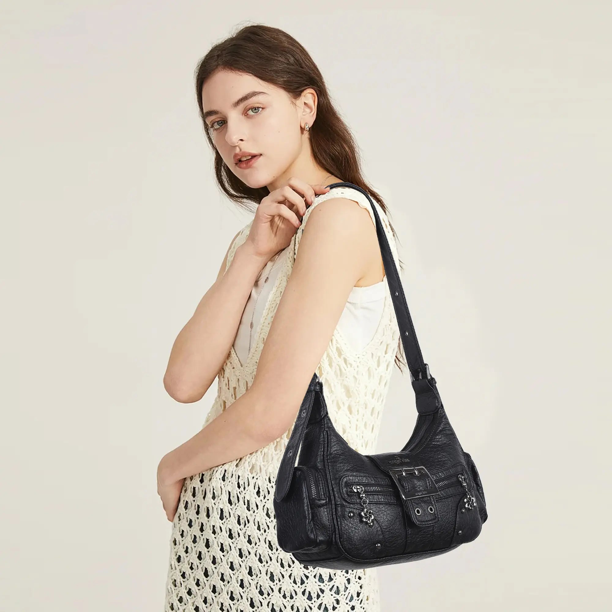 Washed Y2K Buckle Shoulder Bag with Floral Zipper Detail