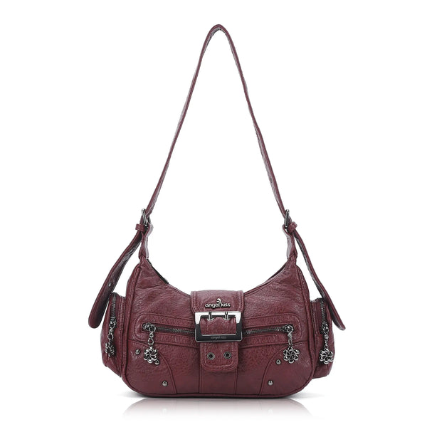 Washed Y2K Buckle Shoulder Bag with Floral Zipper Detail