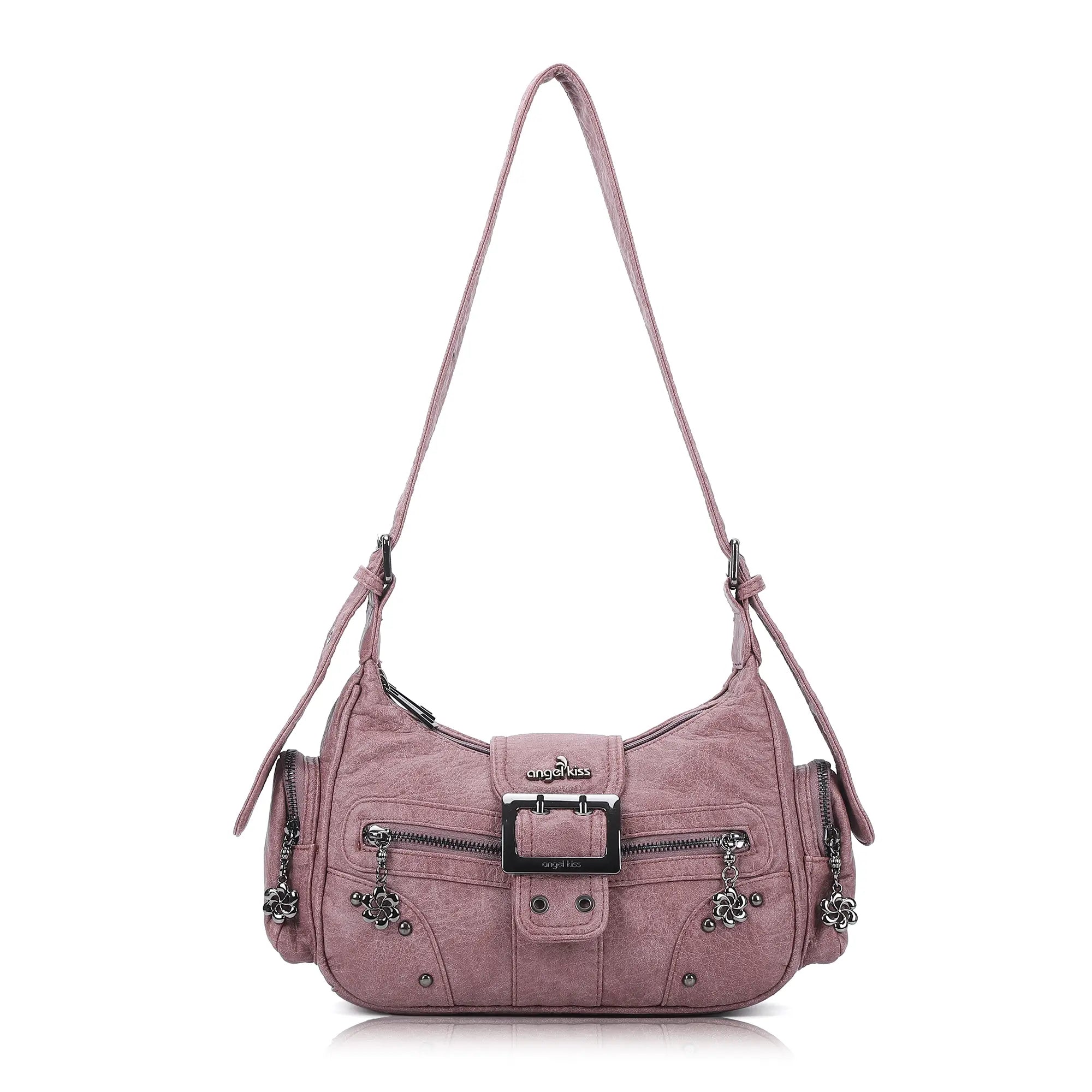 Washed Y2K Buckle Shoulder Bag with Floral Zipper Detail