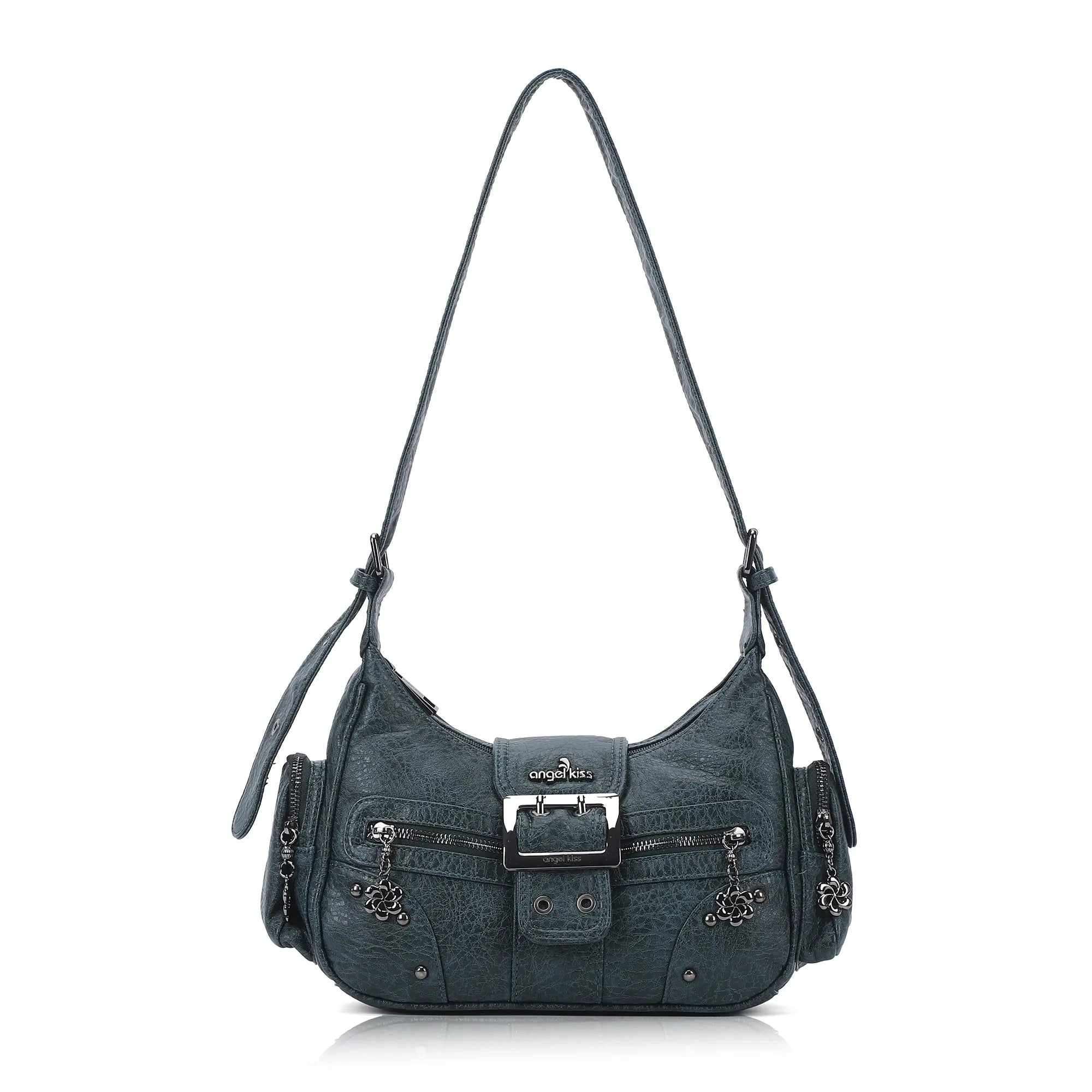 Washed Y2K Buckle Shoulder Bag with Floral Zipper Detail