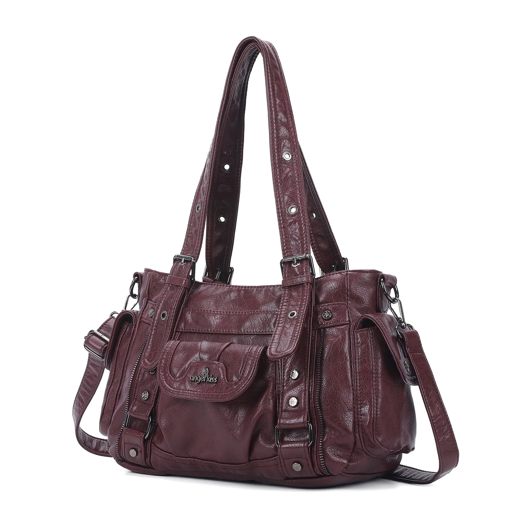 Textured Multi-Pocket Shoulder Bag with Rivet Details – Angelkiss Bag