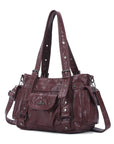 Textured Multi-Pocket Shoulder Bag with Rivet Details