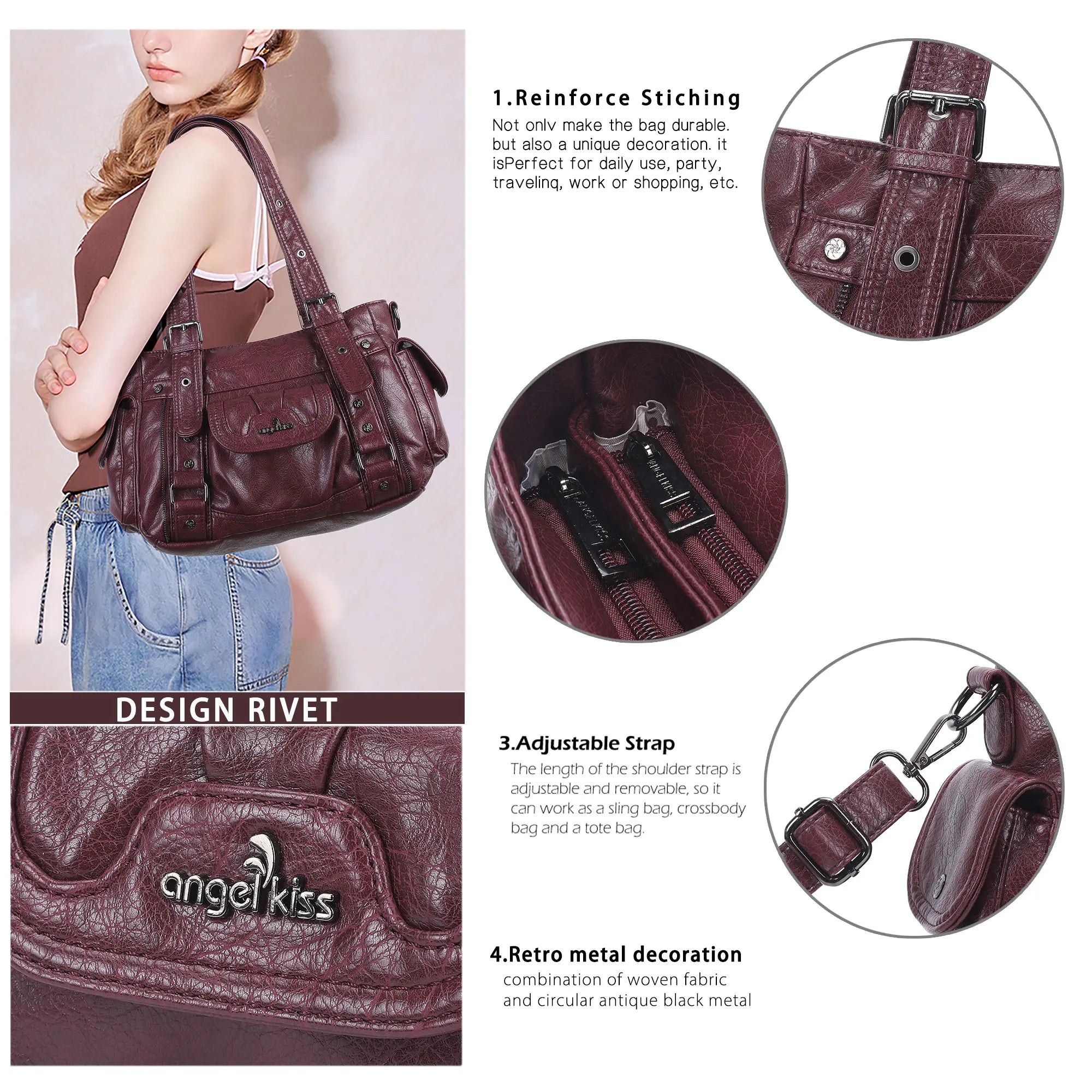 Textured Multi-Pocket Shoulder Bag with Rivet Details – Angelkiss Bag