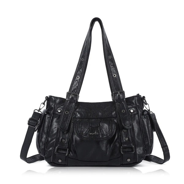 Textured Multi-Pocket Shoulder Bag with Rivet Details