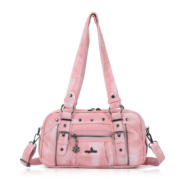 Tie-Dye Multi-Pocket Shoulder Bag with Studded Zipper Details