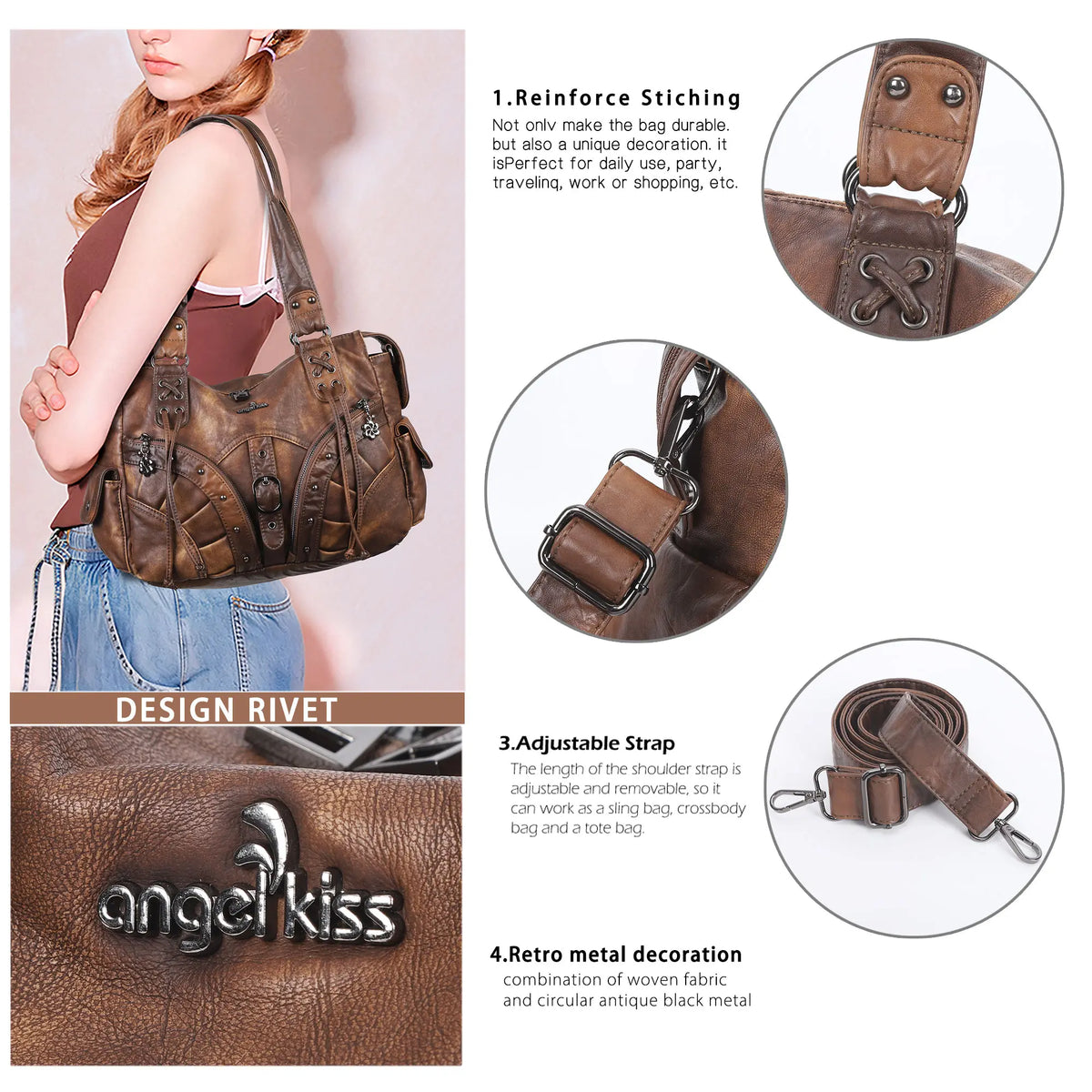 Shoulder Bag – Vintage Multi-Pocket Slouchy Design