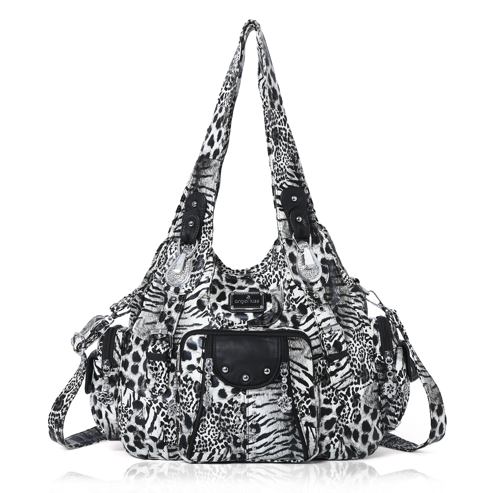 Washed leopard print PU multi-pocket shoulder bag for women-Angelkiss Bag