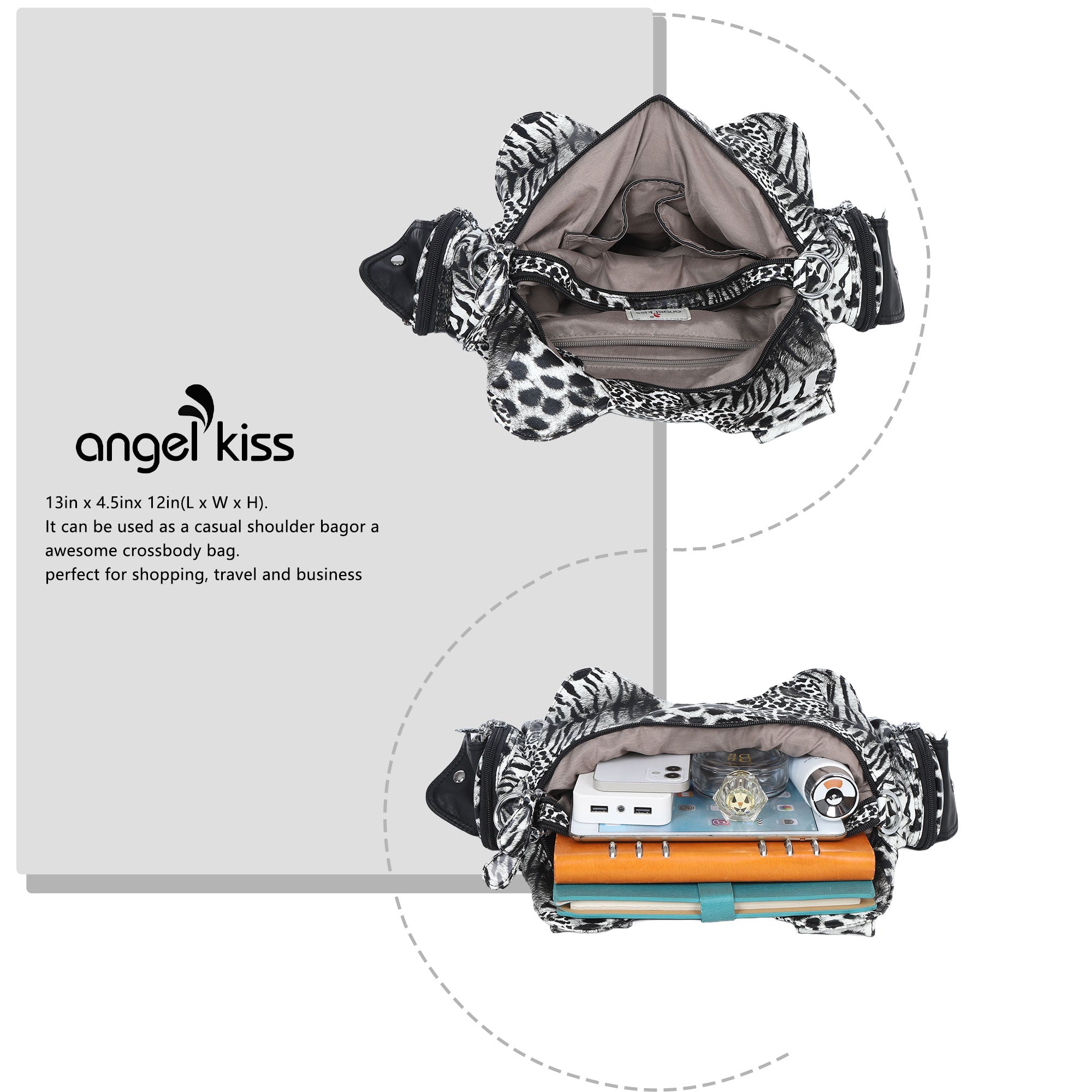 Washed leopard print PU multi-pocket shoulder bag for women-Angelkiss Bag