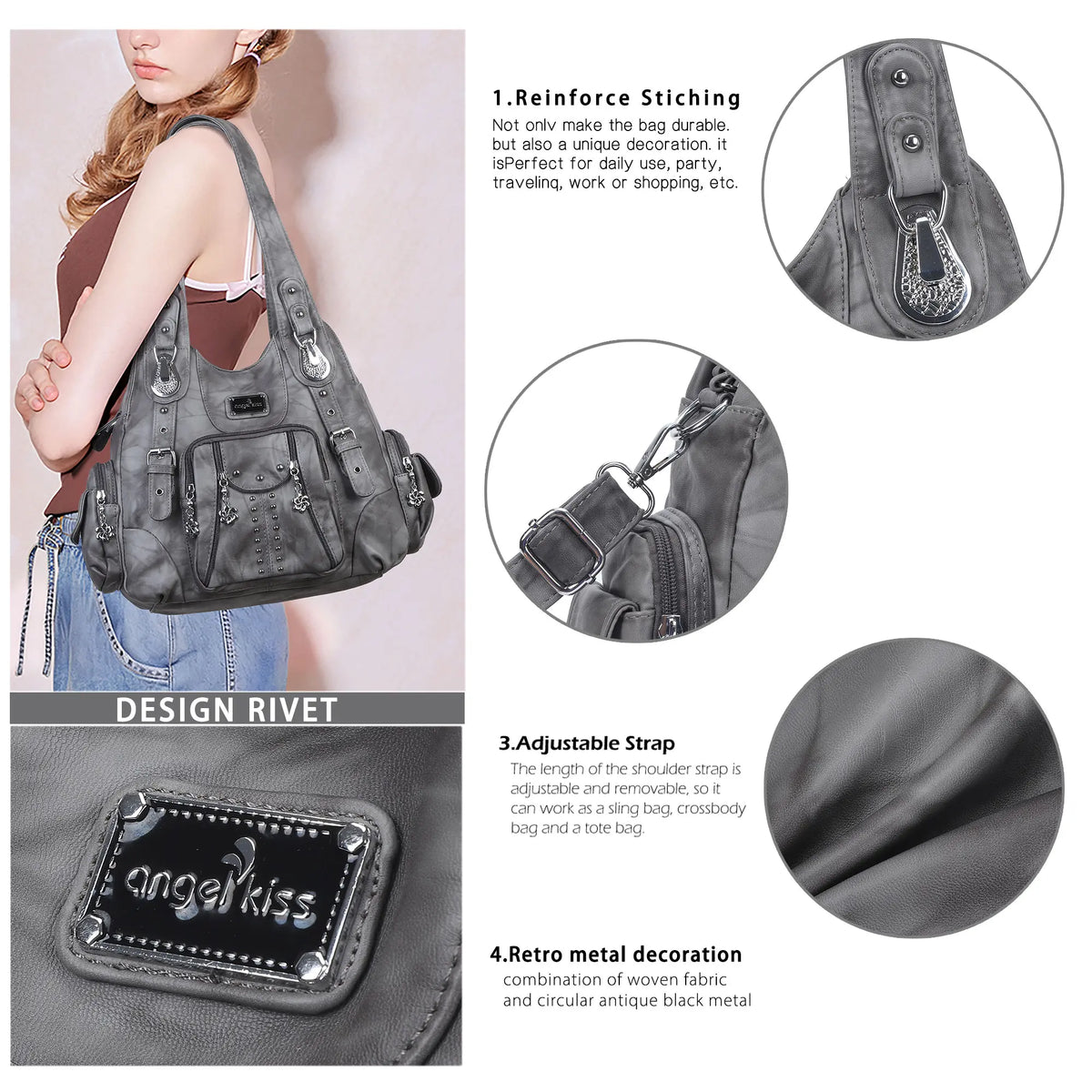 Tie-Dye Hobo Shoulder Bag with Rivet Strap Details