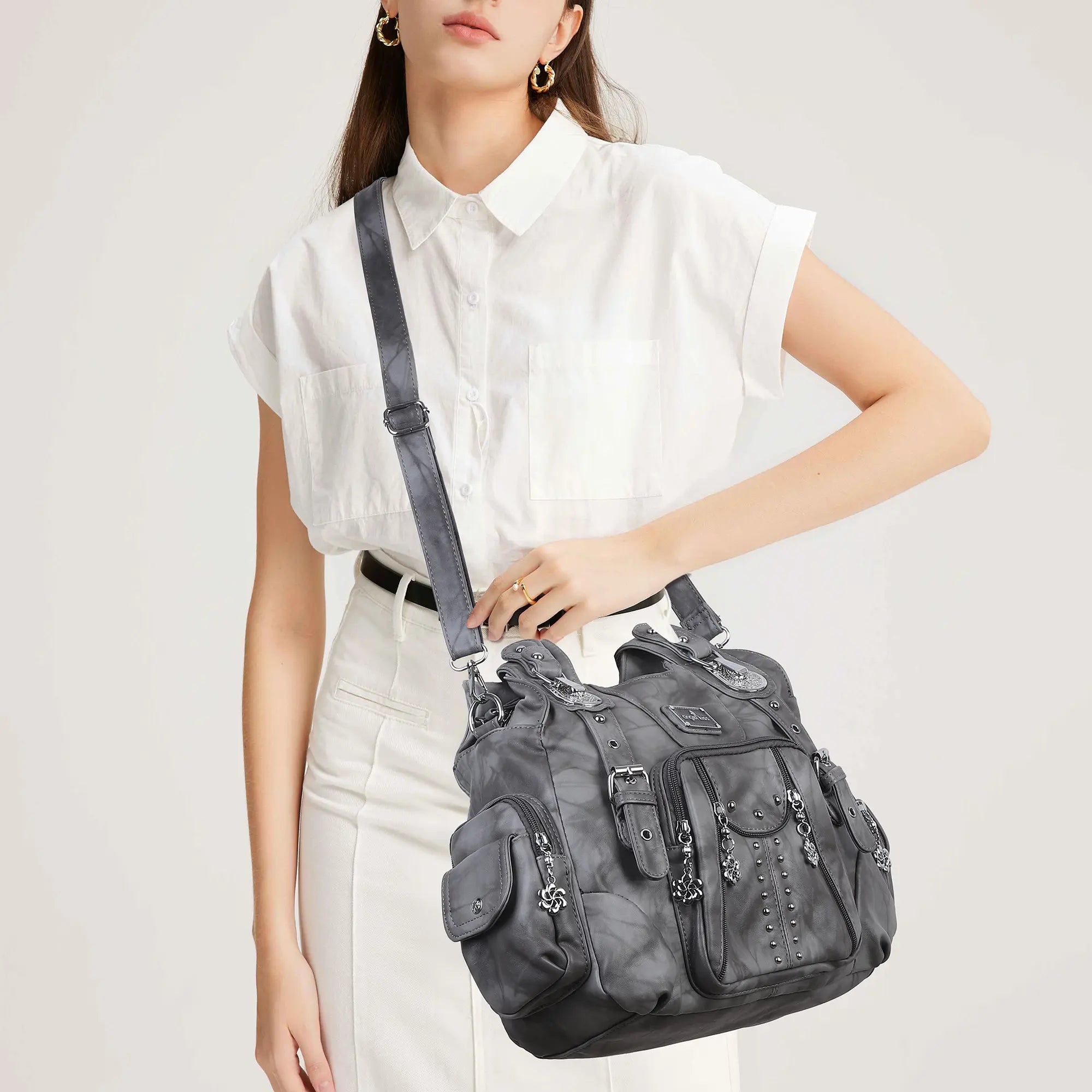 Tie-Dye Hobo Shoulder Bag with Rivet Strap Details