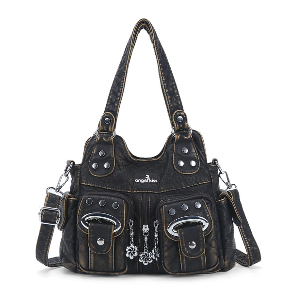 Angelkiss Vintage Multi-Pocket Shoulder Handbag – Available in Multiple Colors – Featuring Stud Accents and Flower Zipper Charms