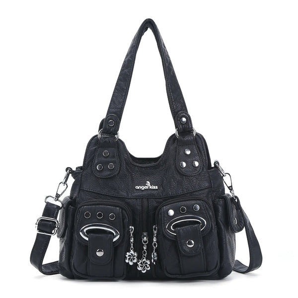 Angelkiss Vintage Multi-Pocket Shoulder Handbag – Available in Multiple Colors – Featuring Stud Accents and Flower Zipper Charms