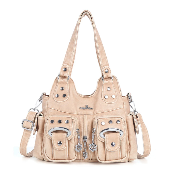 Angelkiss Vintage Multi-Pocket Shoulder Handbag – Available in Multiple Colors – Featuring Stud Accents and Flower Zipper Charms