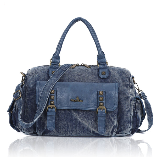 Solid color vintage denim women's tote shoulder bag