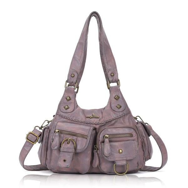 Tie-Dye Pink Multi-Pocket Vegan Leather Shoulder Tote Handbag