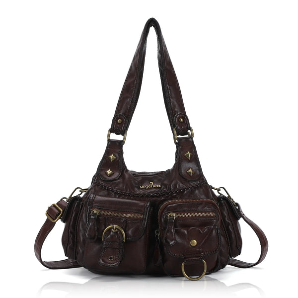 Tie-Dye Pink Multi-Pocket Vegan Leather Shoulder Tote Handbag