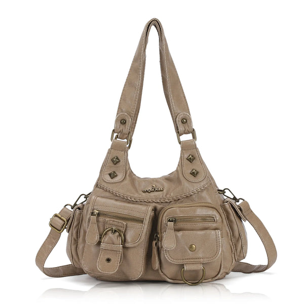 Tie-Dye Pink Multi-Pocket Vegan Leather Shoulder Tote Handbag