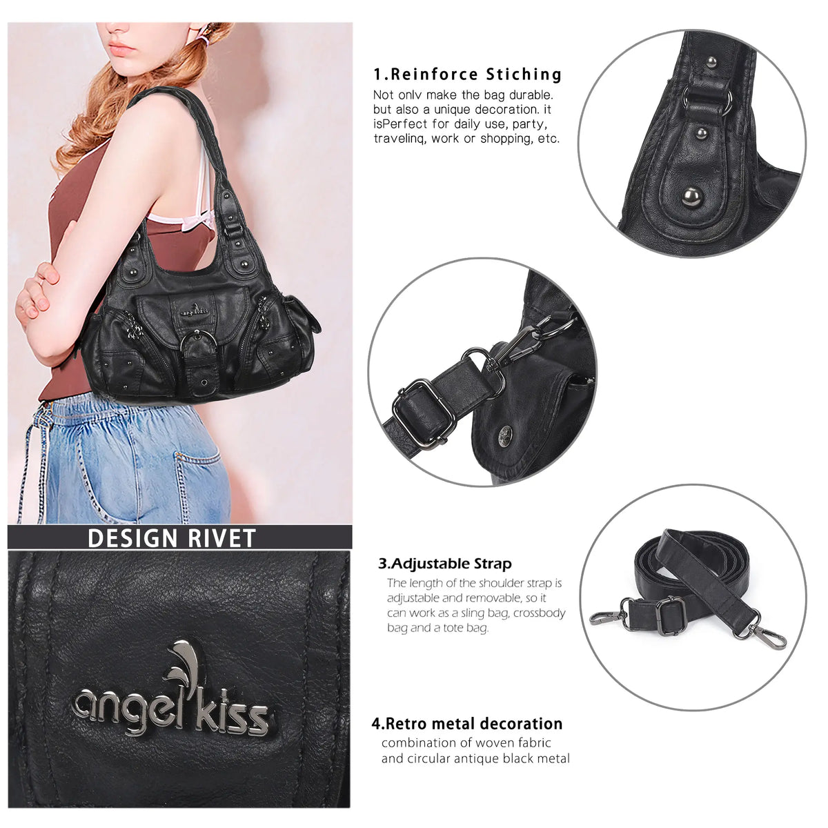 Studded Utility Multi-Pocket Shoulder Bag