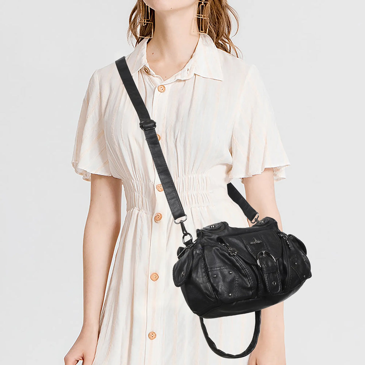 Studded Utility Multi-Pocket Shoulder Bag